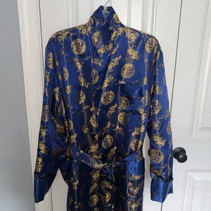 Sue’s Fashion Dark Blue Gold Dragon Motifs XXL Long Kimono Robe Tie Sash Pockets